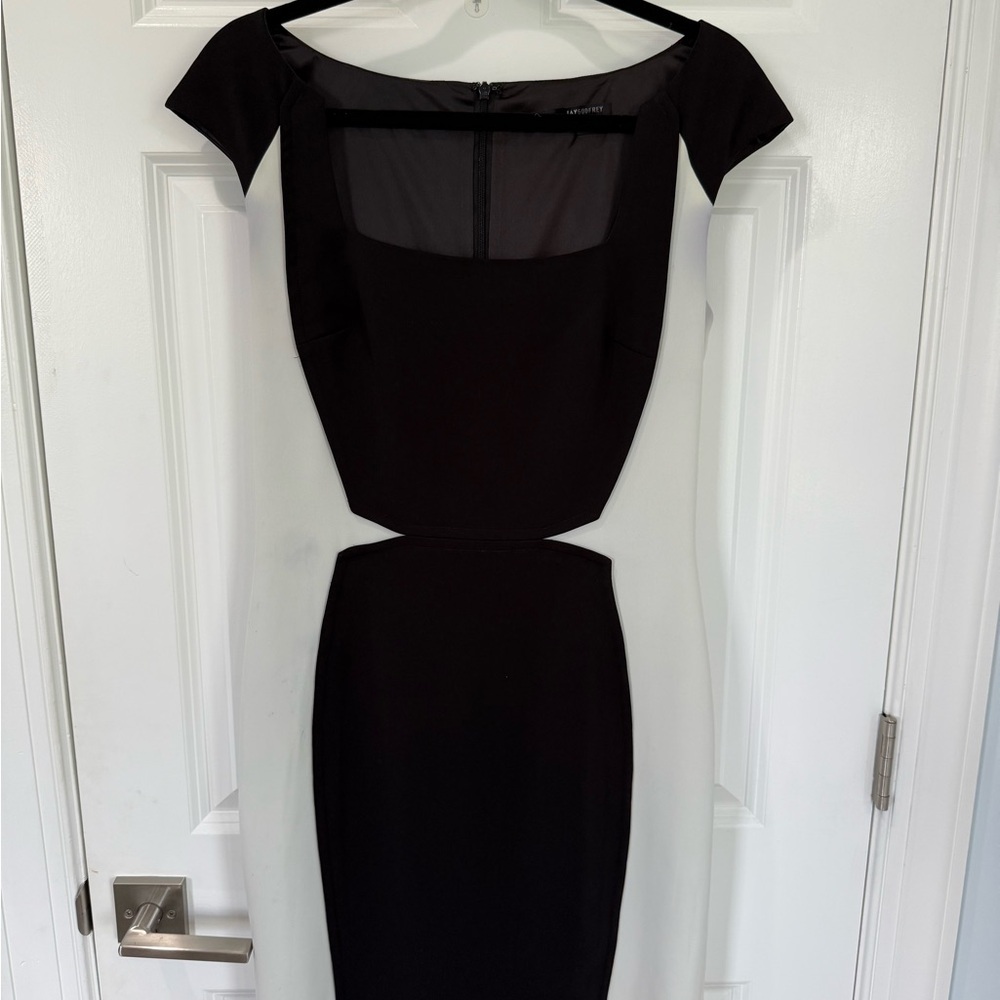 JAYGODFREY Black Sheath Dress with Square Neck Cap Sleeves
